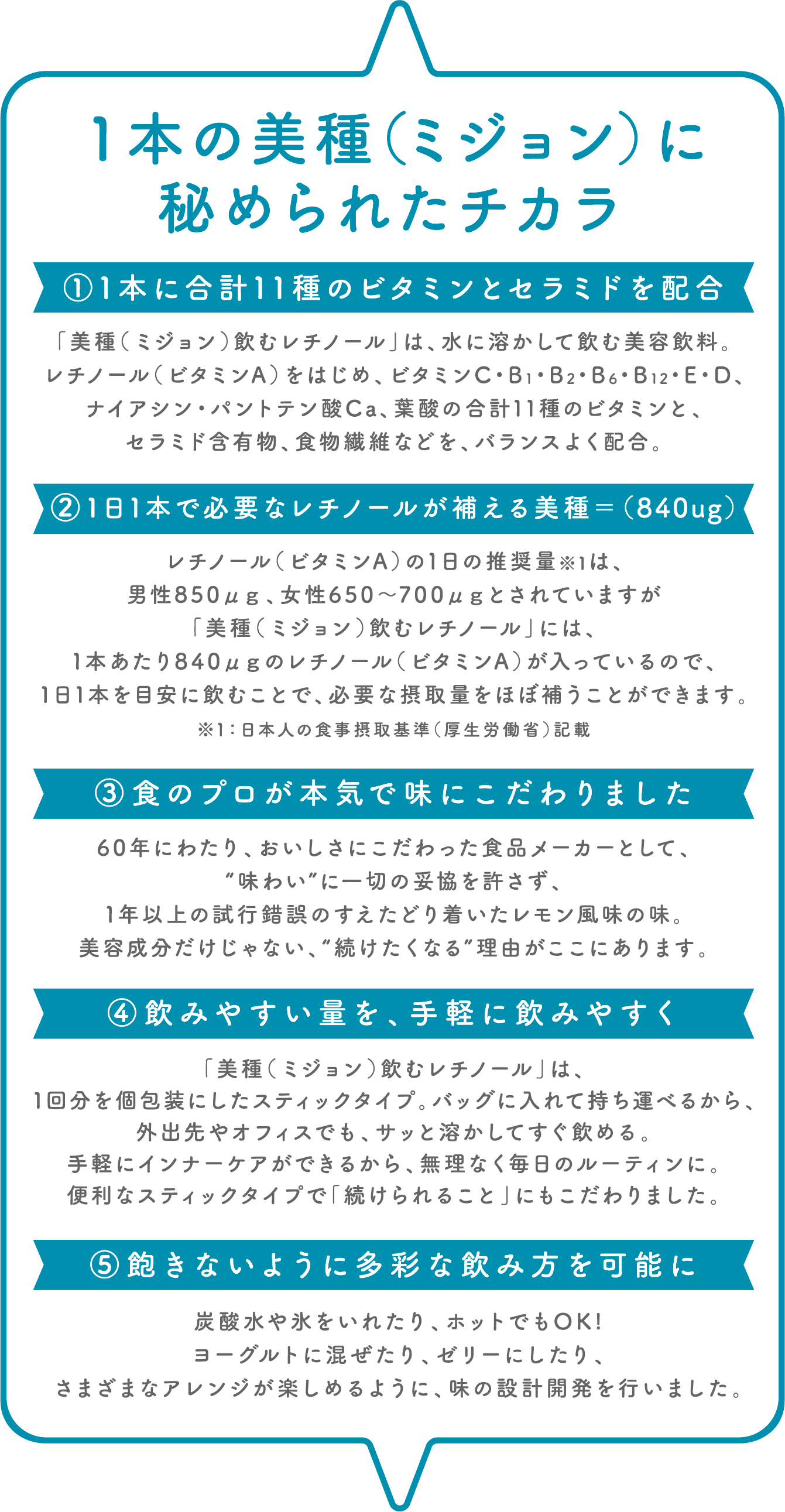 1本の美種(ミジョン)に秘められたチカラ|①1本に合計11種のビタミンとセラミドを配合|②1日1本で必要なレチノールが補える美種=(840μg)|③食のプロが本気で味にこだわりました|④飲みやすい量を、手軽に飲みやすく|⑤飽きないように多彩な飲み方を可能に