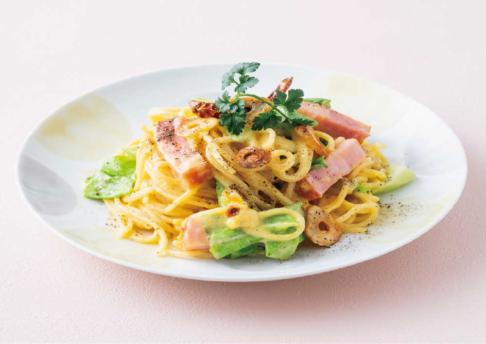 美豆（ミコン）を使ったあっさりクリームパスタの写真